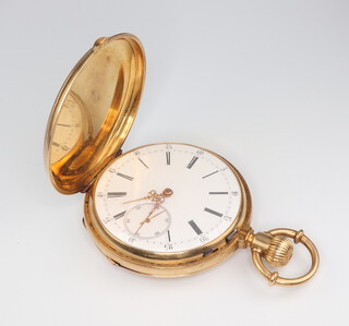 A yellow metal 18k hunter pocket watch with mechanical movement, contained in a 50mm case with pierced gilt hands, the case inscribed "Ancre Broit Spiral Breguet" Balancier Compense Jan Gaquet & Co, gross weight 106 grams