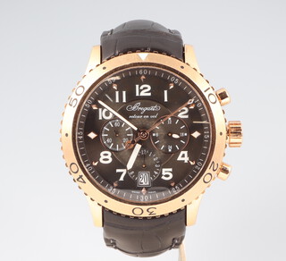 A Breguet Transatlantique 18ct rose gold wristwatch, in a 38mm case,the dial inscribed Retour En Vol with 3 subsidiary dials and a calendar aperture, the black dial with white numerals, numbered 101588 and 3810 Type 21 XXI, contained on a leather bracelet with 18ct yellow gold clasp, with original walnut box, warranty certificate, 2 pamphlets, shop tag and outer box 