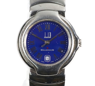 A lady's steel cased Dunhill Millennium calendar wristwatch on a ditto bracelet 