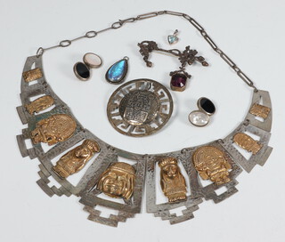 A South American white and gilt metal necklace, a brooch and minor silver and other jewellery 