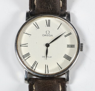 A gentleman's steel cased Omega Deville wristwatch on a leather bracelet, contained in a 32mm case 