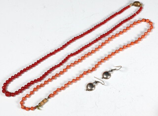 A coral bead necklace 44cm, 1 other and a pair of 925 earrings 