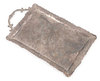 A Continental white metal repousse miniature tray decorated with figures in landscapes (lacking 1 handle), 84 grams 