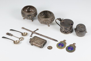 A pair of Indian white metal salts, 2 silver fobs and minor items 