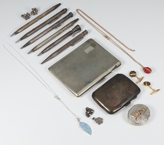 A silver cigarette case Birmingham 1930, a silver plated ditto , 4 silver pencils and 2 plated ditto 