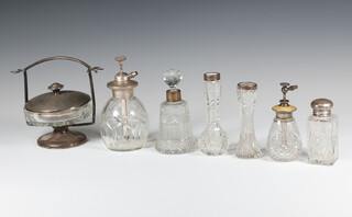 A glass powder bowl with a mirrored silver lid on stand Birmingham 1928 and 6 mounted items 