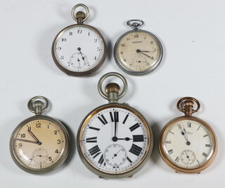 A metal Goliath pocket watch with seconds at 6 o'clock contained in a 60mm case and 4 other pocket watches 