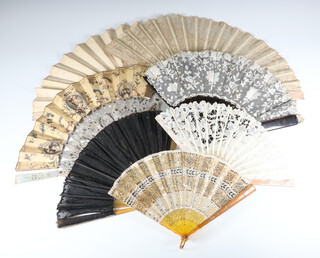 A Victorian mother of pearl and lace fan (a/f), 4 others (a/f) and 3 other fans 