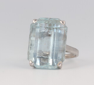 A white metal 18ct aquamarine cocktail ring, approx. 20mm x 12mm, size N, 10.6 grams 