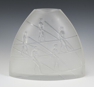 A Lalique frosted Aerial glass vase decorated with naked tight rope walkers 25cm, etched lalique france in original fitted box together with a watercolour depicting the above 