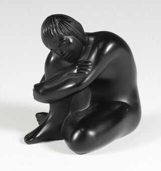 A Lalique figure Nabhi black nude Feuille Pliee Pose etched lalique france 7cm 