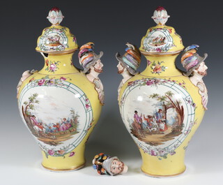 A pair of 19th Century Continental yellow ground 2 handled vases and covers with panels of figures in landscapes 40cm 