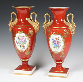 A pair of modern Dresden vases, the ochre ground with gilt decoration, floral panels and swan handles, raised on square bases 33cm 