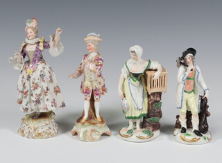 A 19th Century porcelain figure of a street seller 12cm and 3 other porcelain figures (2 a/f)