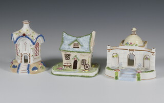 Three modern Coalport pastel burners - The Cascade House at Chatsworth in Fantasy 9cm, The Crooked Cottage 10cm and The Tall House 13cm 