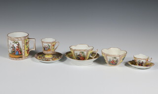 A 19th Century Dresden cabinet mug decorated with panels of flowers and figures 8cm, 3 cabinet cups and saucers and a quatrefoil bowl with figures and panels of birds 