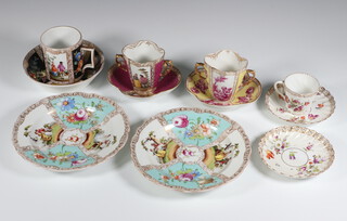 A 19th Century Dresden cabinet mug decorated with panels of figures and flowers, ditto saucer, 2 cabinet cups and saucers, 2 similar plates, a coffee cup and 2 saucers (cup a/f) 