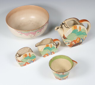 A Clarice Cliff Bizarre Fanstasque teapot decorated with trees 11cm (no lid), a milk jug, sugar bowl and tea cup (chipped and cracked), together with a late Clarice Cliff bowl 18cm 