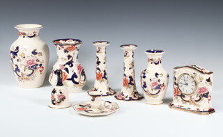 A Masons Ironstone Mandalay timepiece 5cm, pair of candlesticks, 3 vases, a bell and chamber stick 