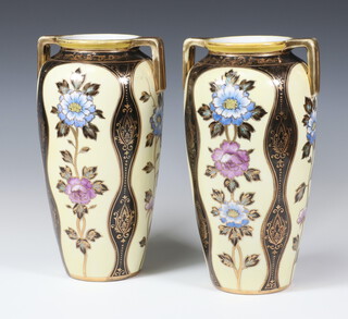 A pair of Art Deco Noritake yellow ground 2 handled vases decorated with flowers 25cm 