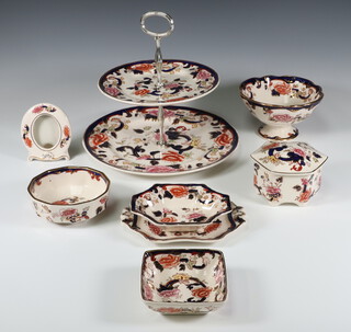 A Masons Ironstone Mandalay pattern cake stand, 2 bowls, 2 dishes, plated, box and cover and photograph frame 