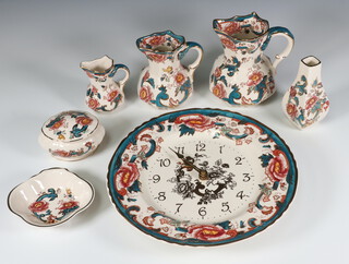 A Masons Ironstone Java plate timepiece 27cm, 3 graduated jugs, a vase, box and cover and dish boxed 