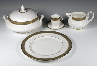 A Royal Doulton Belvedere pattern tea, coffee and dinner service, comprising 6 coffee cups, 6 saucers, 6 tea cups, 7 saucers, a milk jug, sugar bowl, 6 two handled bowls, 8 small plates, 6 side plates, 9 dinner plates (1 a/f), an oval meat plate, serving plate, 2 tureens and covers, sauce boat and stand 