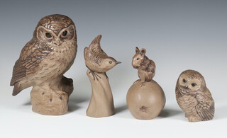 A matt Poole figure of an owl by Linley Adams 18cm, ditto 7cm, bird 13cm and mouse on an apple 11cm 