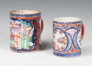 An 18th Century famille rose mug decorated with figures on a pavilion terrace with panels of birds 12cm, a ditto with panels of figures in a river landscape 10cm 