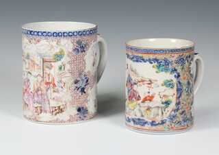 An 18th Century famille rose mug decorated with figures in an extensive landscape with panels of birds 13cm, a ditto with figures in a garden setting 11.5cm 