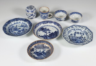 A Chinese 18th Century blue and white octagonal dish decorated with a garden scape 16cm, 3 other dishes, 2 tea bowls, a cup and barrel, box and cover 