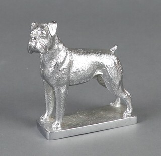 A chrome car mascot in the form of a standing bull dog 9cm x 9cm x 3cm 