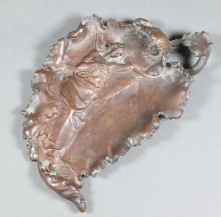 Alexandre Vibert (1847-1909), a bronze dish in the form of a leaf decorated a fairy, marked A Vibert E Colins France 23cm x 15cm 