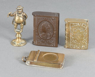 An early plastic vesta case in the form of a book decorated Queen Victoria (chip to base), a gilt metal vesta case decorated Edward VII in the form of a book, a gilt metal vesta case and a brass pipe tamper in the form of standing Mr Pickwick 6cm 