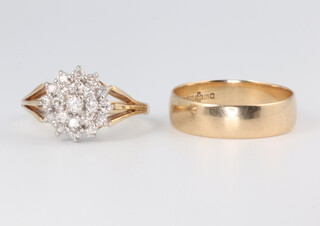 A 9ct yellow gold wedding band and a 9ct yellow gold diamond set ring size N 1/2 and R 1/2, 5 grams gross 