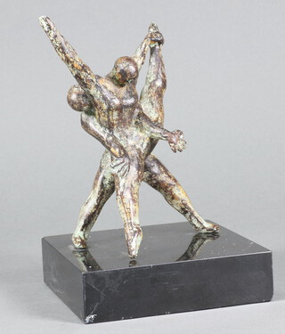 A verdigris bronze figure group of 2 wrestlers raised on a marble base, marked Thomas Howell Nederland Artsen Zonder Grenzen 17cm h x 12cm w x 12cm d 