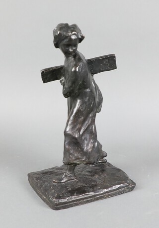 A 19th Century Continental bronze of a standing girl carrying a plank, signed 28cm h x 16cm w x 13cm d