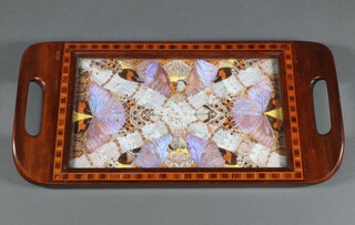 A 1930's rectangular inlaid mahogany twin handled tea tray, the centre panel decorated butterflies 36cm x 18cm 