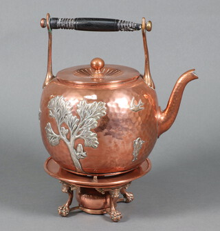 Gorham & Co, an Art Nouveau planished copper tea kettle and stand with applied white metal decoration of birds amidst trees, the base marked Gorham & Co Y8 5.0 21cm x 12cm  