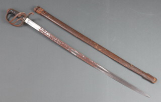 A 19th Century Royal Artillery Officer's sword with unmarked blade and leather scabbard 