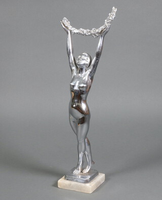 Limousin, an Art Deco chrome figure of a standing lady with garland raised on a square marble base 43cm x 9cm 