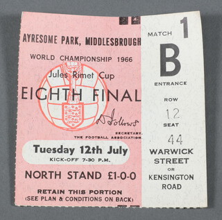 A ticket from the 1966 World Cup, Group 4 match between USSR and North Korea, held on Tuesday 12th July 1966 at Ayresome Park Middlesbrough, row 12, seat 44 (USSR 3, North Korea 0) 