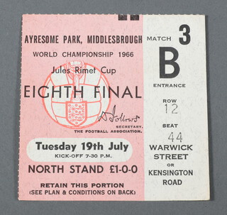 A ticket from the 1966 World Cup, Group 4 match between North Korea and Italy, held on Tuesday 19th July 1966 at Ayresome Park Middlesbrough, row 12, seat 44 (North Korea 1, Italy 0) 