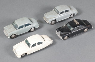 Corgi Toys, a grey Morris Cowley, a grey Rover 90, a white Jaguar 2.4 litre and a Riley Pathfinder Police Car 