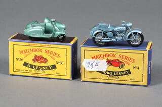 Matchbox Toys, a Triumph 110 motorbike and side car no.4 in metallic blue, together with a Lambretta and side car no.36 in metallic green, both boxed 