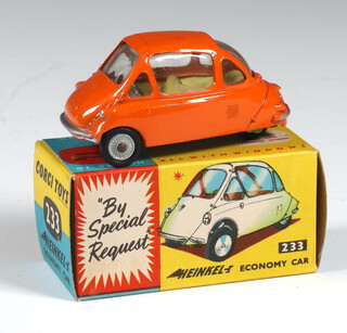 A Corgi Toys Heinkel Economy Car 233 in orange, boxed 