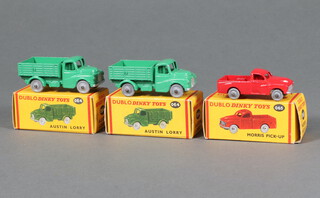 Dublo Dinky Toys, 2 Austin lorries in green no.64 together with a red Morris pickup no.65, all boxed 