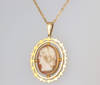 A yellow metal 9ct cameo pendant on a ditto chain, 42cm, gross weight 7.3 grams, chain is 2 grams 