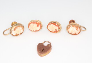 A 9ct yellow gold padlock, 2 pairs of 9ct cameo ear studs, gross weight 5.5 grams 