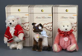 A Steiff limited edition Teddy Bear Mozart no.1287 of 2006, 28cm, 1 other Siamy Cat 1930 no.677 of 2000 22cm, Teddy Bear Dolly no.77 of 2006 30cm, all boxed and with certificates 